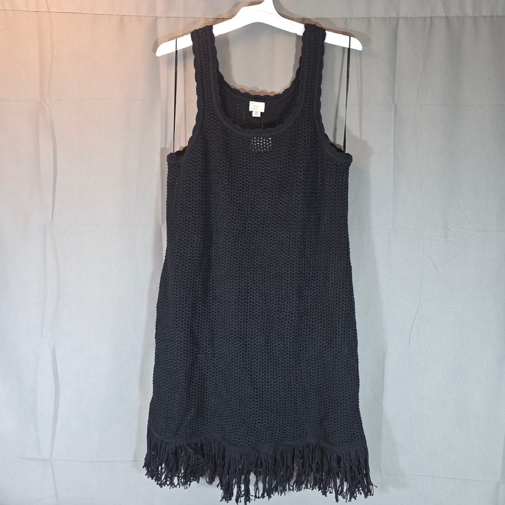 A New Day Black Crochet Fringe Mini Dress Cotton Linen Blend XL NWT 87KW9G